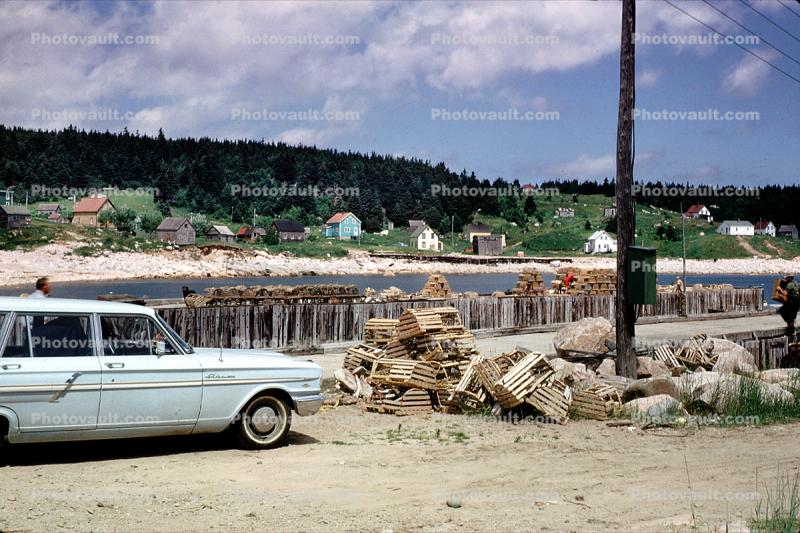 Car, Lobster Pots, traps, Neil Harbor, Victoria County, Nova Scotia, Canada, 1960s