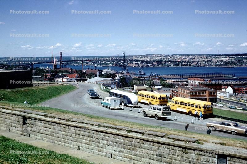 Halifax from the Citadel, cars, suspension bridge, buildings, 1966, 1960s