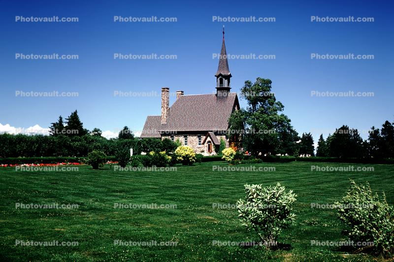 Church, Grand-Pre, Kings County, Nova Scotia, steeple, buildings, lawn, trees