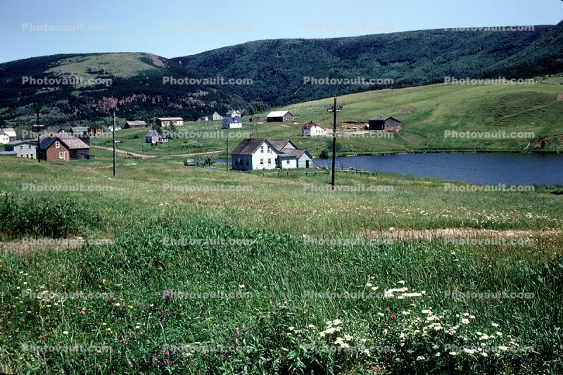 Lake, houses, homes, buildings, Margaree Valley, Cabot Trail, Nova Scotia