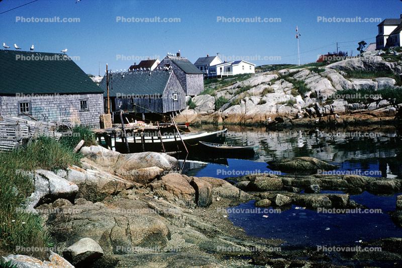 Bay, houses, homes, buildings, harbor, boats, dock, rocks, tide, Peggy's Cove, Nova Scotia