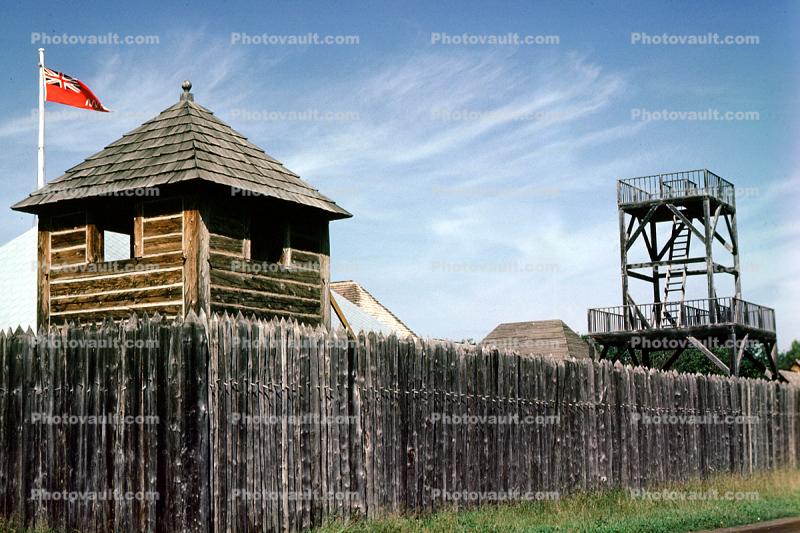 Fence, Watchtower, flag, buildings, landmark, Observation Tower, Old Fort William, August 1983