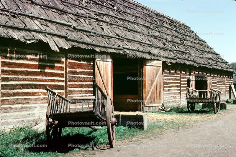 Buildings, Cart, Log, Old Fort William, August 1983