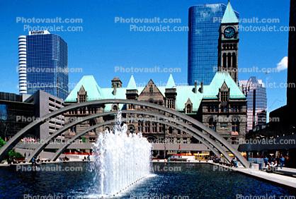 Arch over Water Fountain, aquatics, Old City Hall, buildings, skyline, cityscape, highrise