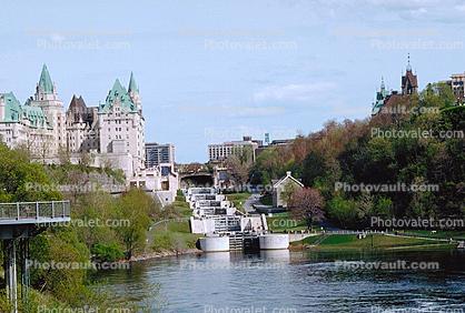 Locks, Rideau Canal, Waterway, building, Ottawa River, Chateau Laurier, Hotel, landmark