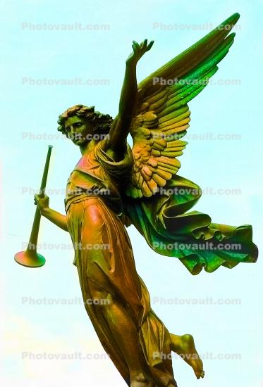 Angel Statue, Bugle, flight, wings, trumpet, herald, robe, woman, female