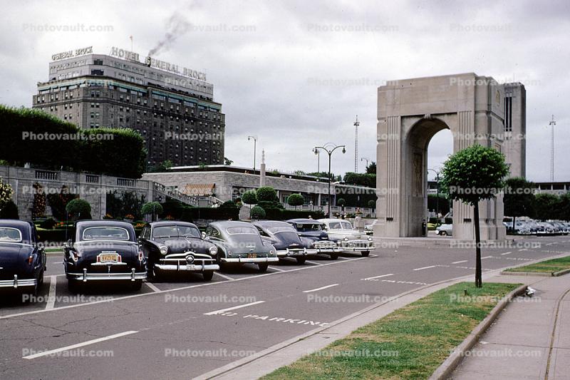Parked Cars, buildings, road, street, Hotel General Brock, 1950s