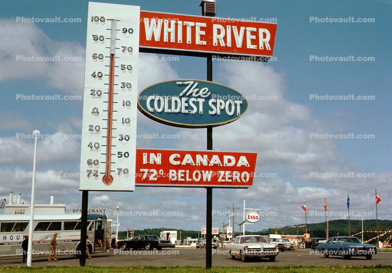 White River Thermometer, Greyhound Bus, Cars, Gas Station, 1960s