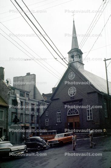 Cars, Church, building, steeple, June 1964, 1960s