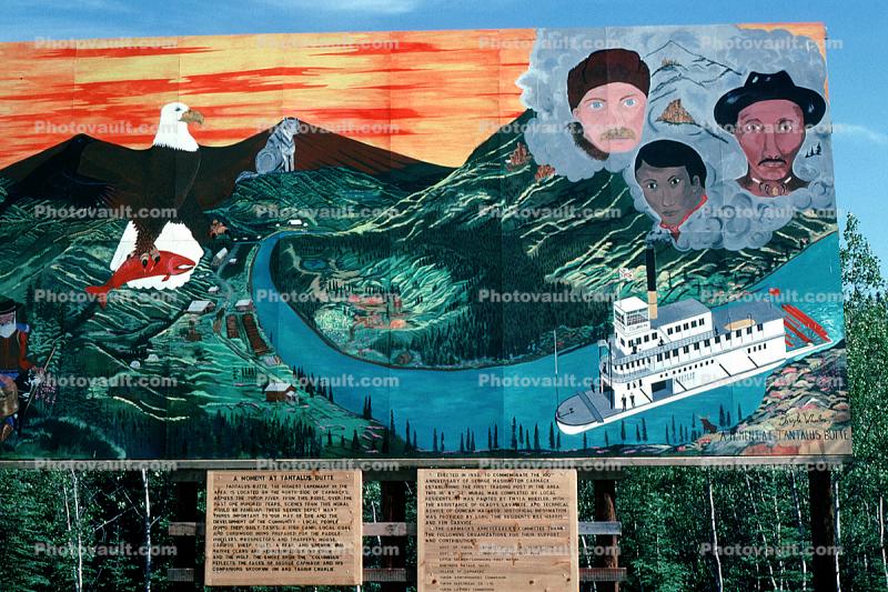Tantalus Butte Mural, river, eagle, faces, salmon, mountain