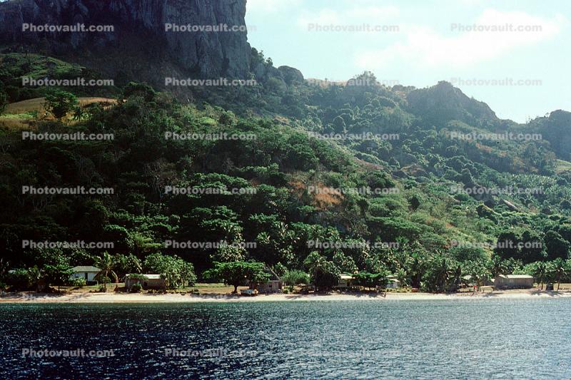 Beach, Sand, Mountain, shoreline, trees, Waya Lailai Island