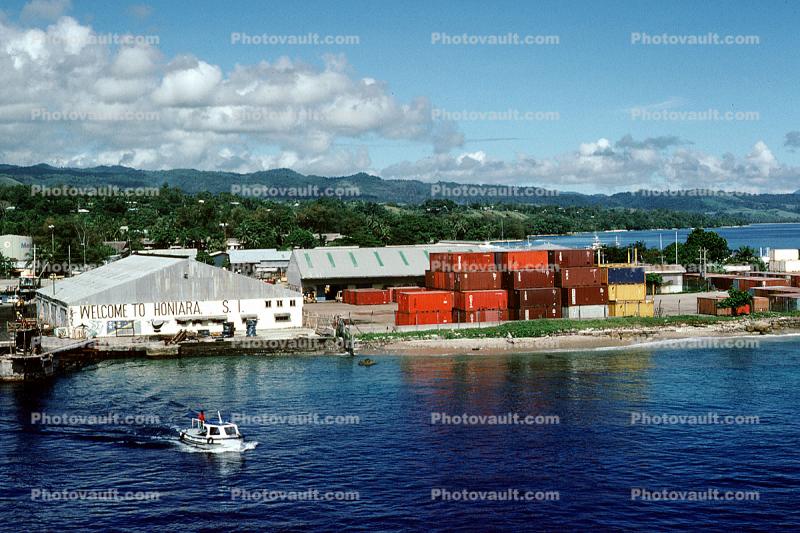 Dock, warehouse, containers, boat, harbor, Honiara, Guadalcanal Island