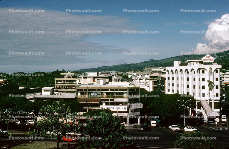 Cars, Office Buildings, shoreline, mountains, Papeete