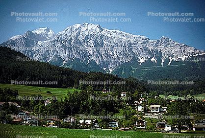 Alps, bucolic, Village, forest, granite mountain, homes, houses, Woodland, Trees