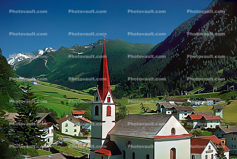 Church, Steeple, buildings, homes, houses, Mountains, Alps, a gothic village