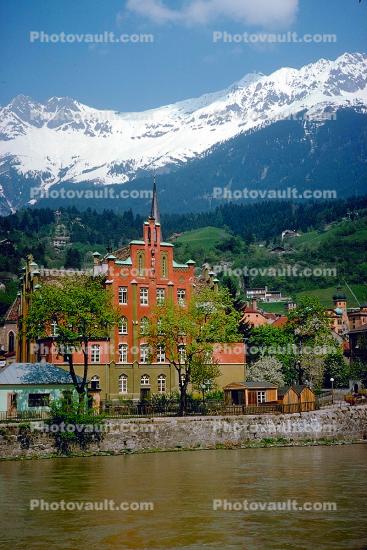 Mountains, Alps, buildings, Innsbruck, 1950s