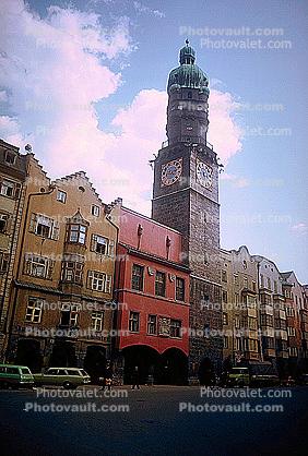Clock Tower, Building, Cars, Innsbruck, 1950s