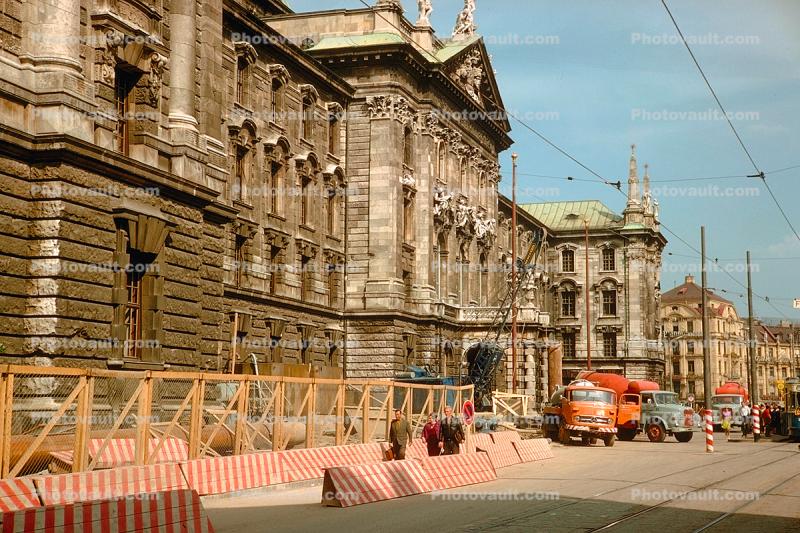 Palace, building, trucks, Salzburg, 1950s