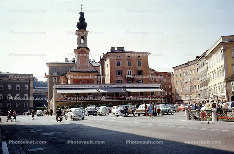 Volkswagen Bug, Cars, Vespa Scoonter, tower, buildings, automobiles, vehicles, Salzburg, 1950s