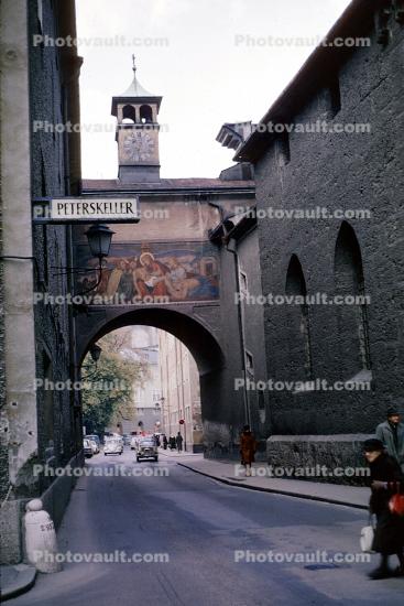 Peterskeller Street, arch over the street, clock, building, landmark, Salzburg