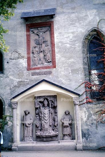 Church, building, statues, Jesus on the Cross, Salzburg