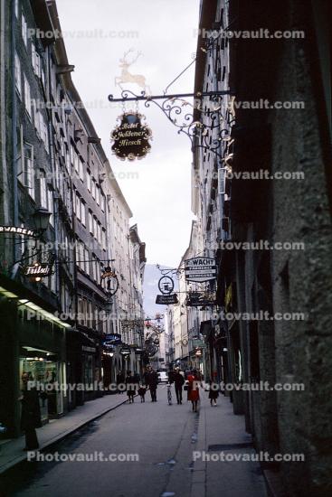 Getreidegasse, shops, medieval alley, lane, alleyway, buildings, shops, Salzburg