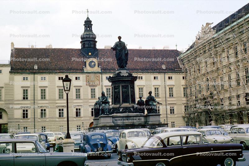 Statues, Buildings, Cars, Palace, Clock Tower, automobile, vehicles, Vienna, October 19, 1964, 1960s
