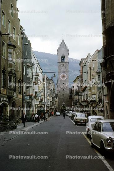 Clock Tower, narrow street, alley, church, cars, Innsbruck, alleyway, September 1970, 1970s