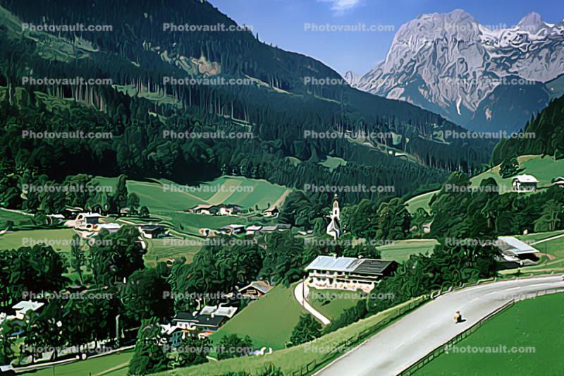 Austrian Alps, village, valley, farm fields, mountains, houses, homes, buildings, Highway, road