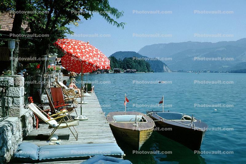 Lake Wolfgang, parasol, umbrella, Dock, Air Mattress, Mountains, Lake