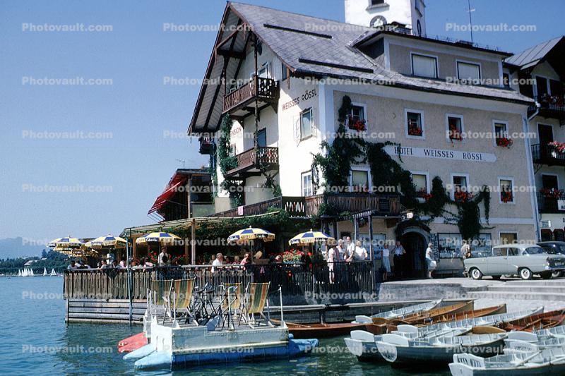 Hotel Weisses Rossl, White Horse Inn, Lake Wolfgang, Cafe, Riverfront, building, docks