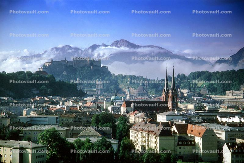Austrian Alps, Salzburg, valley, Hohensalzburg Castle, Church, mountains, houses, homes, clouds