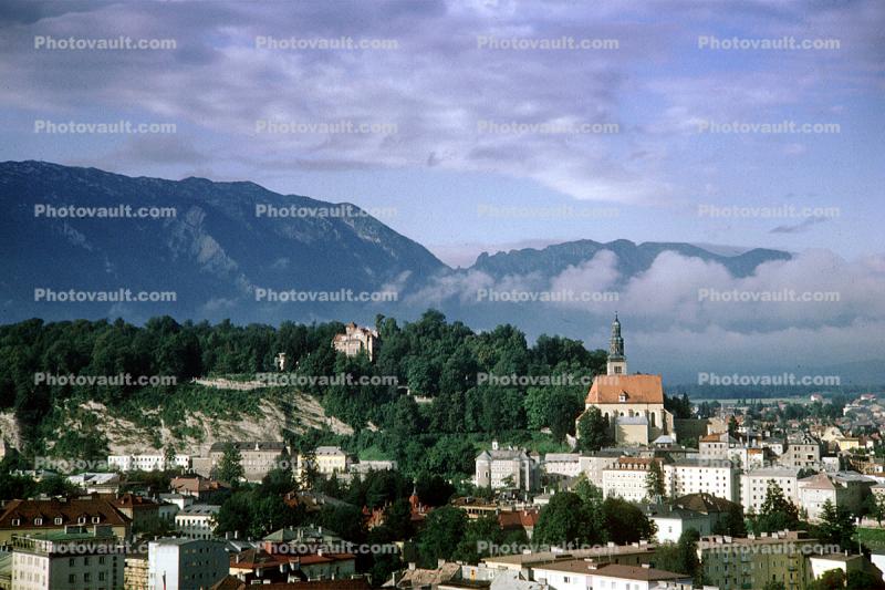 village, mountains, buildings, Cathedral, Church, homes, Salzburg, Alps