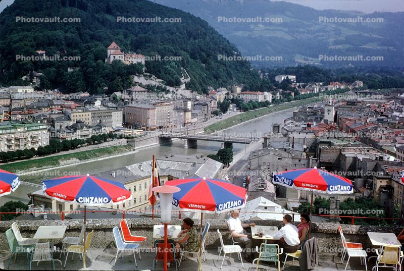 cinzano, umbrella, seats, chairs, river, parasol, buildings, view, Furniture, Salzach River, Salzburg