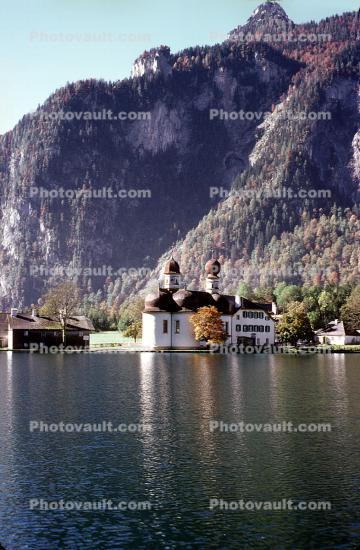 Chapel of Saint Bartholomew, Church, Mountains, building, forest, Konigsee, King's Lake