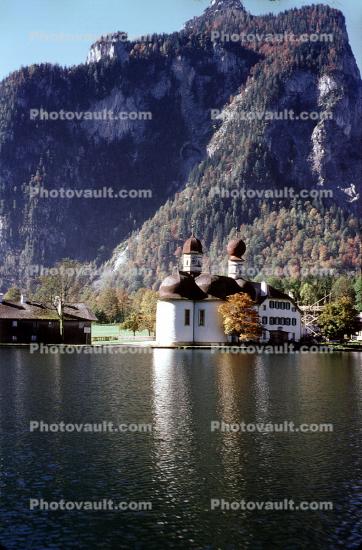 Chapel of Saint Bartholomew, Church, Mountains, building, forest, Konigsee, King's Lake
