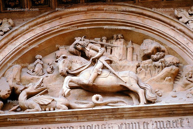 Knight, sword, dragon slayer, bar-Relief, Prague