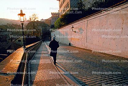 Cobblestone Street, Lady Walking, Wall, sidewalk, Sunset, Sunclipse, Prague