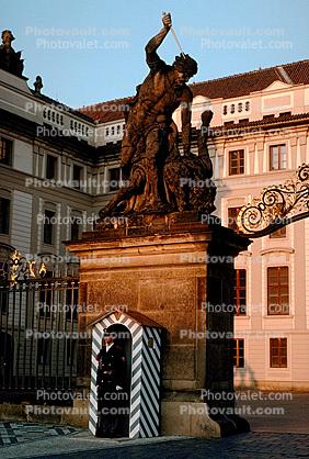 Titans Statue, fighting giant, Soldier, Guard, Guardhouse, Matthias Gate, Prague Castle