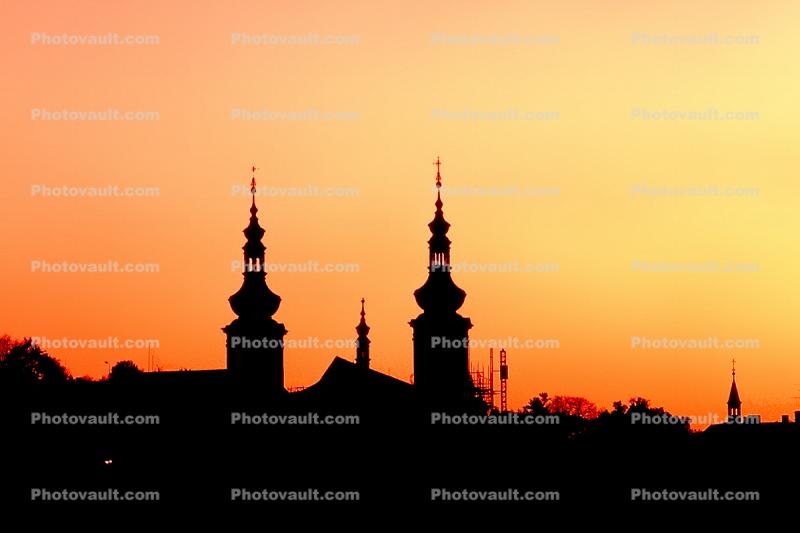 Cathedral, steeple, sunset, dusk