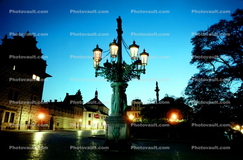 Street Lamps at Hradcany Square, Prague, dusk, evening light