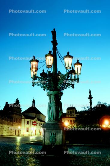Street Lamps at Hradcany Square, Prague, dusk, evening light