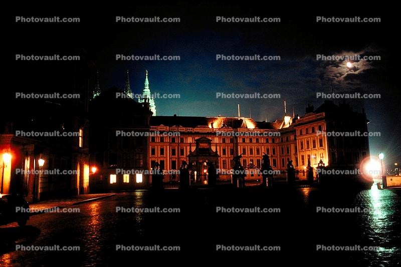 Hradcany Square, Prague, dusk, evening light, night, nightime, 1991