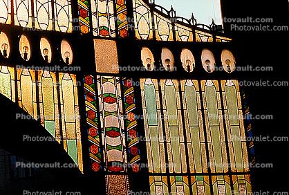 Stained glass detail, decorations on the outside of the Municipal House Prague