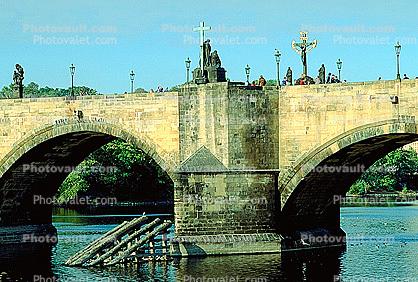 Charles Bridge, Vltava River, Statues, Cross