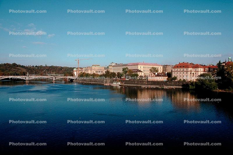 Vltava River, Shoreline, bridge, crane, buildings