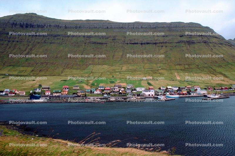 village, houses, inlet, mountains, grass, coast, coastal, mountain, fjord, Buildings
