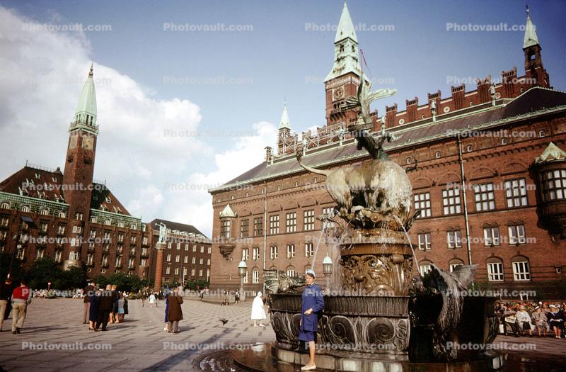 Statue, Water Fountain, aquatics, Town Hall Square, Copenhagen, Borsen, Tower of the former Stock Exchange