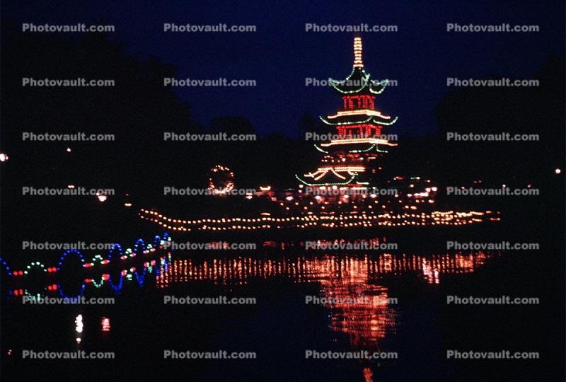 Pagoda, building, lights, night, nighttime, reflection