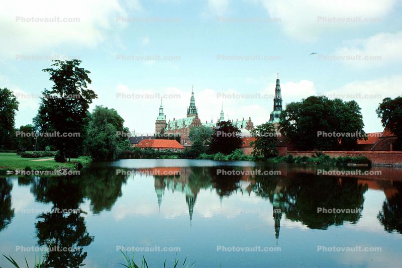 reflection, water, moat, castle, mansion, building, Frederiksbord national historic museum, Hillerod, June 1977